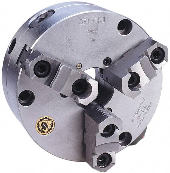 Bison - 3 Jaws, 16" Diam, Self Centering Manual Lathe Chuck - Front Mount, Adjustable, Reversible, 1,800 Max RPM, 5.354" Through Hole Diam, Forged Steel - Caliber Tooling