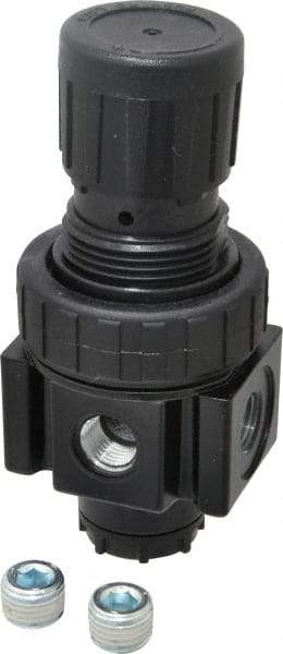 Parker - 1/4 NPT Port, 30 CFM, Zinc Economy Regulator - 2 to 125 psi Range, 300 Max psi Supply Pressure, 1/4" Gauge Port Thread, 2" Wide x 4.44" High - Caliber Tooling