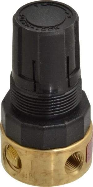 Parker - 1/4 NPT Port, Brass Miniature Regulator - 2 to 125 psi Range, 300 Max psi Supply Pressure, 1/8" Gauge Port Thread, 1-1/2" Wide x 2.87" High - Caliber Tooling