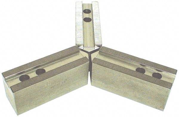 H & R Manufacturing - 15 to 18" Chuck Capacity, 3mm x 60° Serrated Attachment, Square Soft Lathe Chuck Jaw - 3 Jaws, Steel, 1.968" Btw Mount Hole Ctrs, 7" Long x 2-1/2" Wide x 2-1/2" High, 0.866" Groove, 20mm Fastener - Caliber Tooling