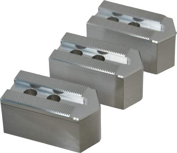 Masterman & Kovil - 6" Chuck Capacity, 1.5mm x 60° Serrated Attachment, Square Soft Lathe Chuck Jaw - 3 Jaws, Aluminum, 0.787" Btw Mount Hole Ctrs, 3mm Long x 1-1/2" Wide x 1-1/2" High, 0.473" Groove, 10mm Fastener - Caliber Tooling