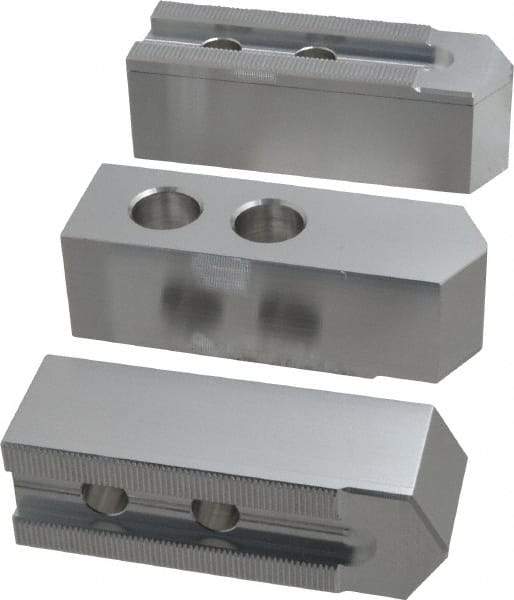 Masterman & Kovil - 10" Chuck Capacity, 1.5mm x 60° Serrated Attachment, Square Soft Lathe Chuck Jaw - 3 Jaws, Aluminum, 1.181" Btw Mount Hole Ctrs, 4.6mm Long x 1-1/2" Wide x 1-1/2" High, 0.63" Groove, 12mm Fastener - Caliber Tooling