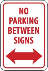 NMC - "No Parking Between Signs", "Double Arrow", 12" Wide x 18" High, Aluminum No Parking & Tow Away Signs - 0.08" Thick, Red on White, Engineer Grade Reflectivity, Rectangle, Post Mount - Caliber Tooling