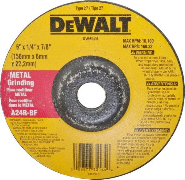 DeWALT - 24 Grit, 6" Wheel Diam, 1/4" Wheel Thickness, 7/8" Arbor Hole, Type 27 Depressed Center Wheel - Aluminum Oxide, R Hardness, 10,100 Max RPM, Compatible with Angle Grinder - Caliber Tooling