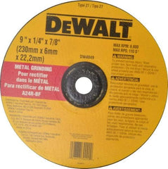 DeWALT - 24 Grit, 9" Wheel Diam, 1/4" Wheel Thickness, 7/8" Arbor Hole, Type 27 Depressed Center Wheel - Aluminum Oxide, R Hardness, 6,600 Max RPM, Compatible with Angle Grinder - Caliber Tooling