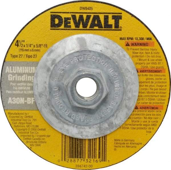 DeWALT - 30 Grit, 4-1/2" Wheel Diam, 1/4" Wheel Thickness, Type 27 Depressed Center Wheel - Aluminum Oxide, N Hardness, 13,300 Max RPM, Compatible with Angle Grinder - Caliber Tooling