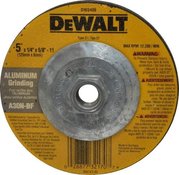 DeWALT - 30 Grit, 5" Wheel Diam, 1/4" Wheel Thickness, Type 27 Depressed Center Wheel - Aluminum Oxide, N Hardness, 12,200 Max RPM, Compatible with Angle Grinder - Caliber Tooling