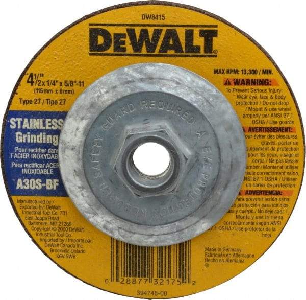 DeWALT - 30 Grit, 4-1/2" Wheel Diam, 1/4" Wheel Thickness, Type 27 Depressed Center Wheel - Aluminum Oxide, S Hardness, 13,300 Max RPM, Compatible with Angle Grinder - Caliber Tooling