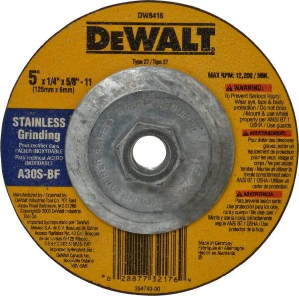 DeWALT - 30 Grit, 5" Wheel Diam, 1/4" Wheel Thickness, Type 27 Depressed Center Wheel - Aluminum Oxide, S Hardness, 12,200 Max RPM, Compatible with Angle Grinder - Caliber Tooling