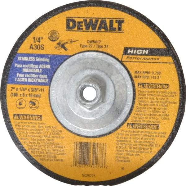 DeWALT - 30 Grit, 7" Wheel Diam, 1/4" Wheel Thickness, Type 27 Depressed Center Wheel - Aluminum Oxide, S Hardness, 8,700 Max RPM, Compatible with Angle Grinder - Caliber Tooling