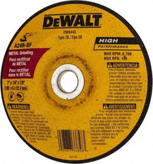 DeWALT - 24 Grit, 7" Wheel Diam, 1/4" Wheel Thickness, 7/8" Arbor Hole, Type 28 Depressed Center Wheel - Aluminum Oxide, R Hardness, 8,700 Max RPM - Caliber Tooling