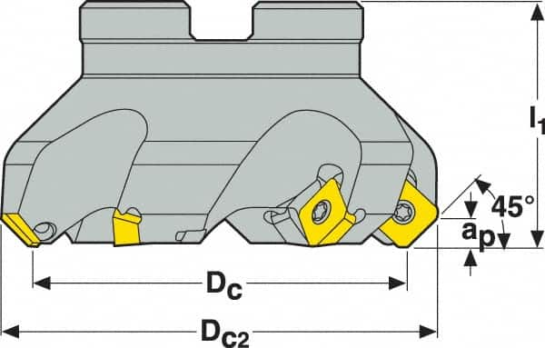 Seco - 1.57" Cut Diam, 3/4" Arbor Hole, 0.18" Max Depth of Cut, 45° Indexable Chamfer & Angle Face Mill - 4 Inserts, SE.. 09T3 Insert, Right Hand Cut, 4 Flutes, Through Coolant, Series R220.53 - Caliber Tooling