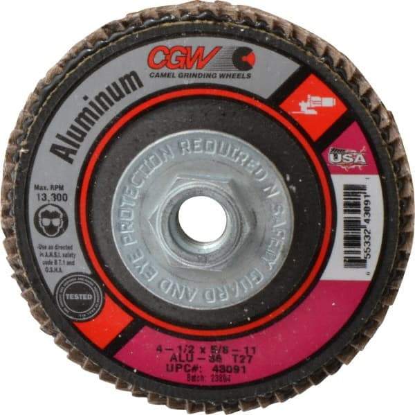 Camel Grinding Wheels - 36 Grit, 4-1/2" Disc Diam, 5/8-11 Center Hole, Type 27 Aluminum Oxide Flap Disc - 13,300 Max RPM, Polyester Backing, Arbor Attaching System, Coated - Caliber Tooling