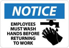 NMC - "Notice - Employees Must Wash Hands Before Returning to Work", 10" Long x 14" Wide, Aluminum Safety Sign - Rectangle, 0.04" Thick, Use for Restroom, Janitorial & Housekeeping - Caliber Tooling