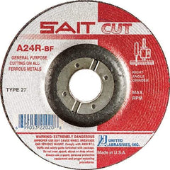 Sait - 24 Grit, 6" Wheel Diam, 1/8" Wheel Thickness, 7/8" Arbor Hole, Type 27 Depressed Center Wheel - Aluminum Oxide, Resinoid Bond, R Hardness, 10,200 Max RPM, Compatible with Angle Grinder - Caliber Tooling