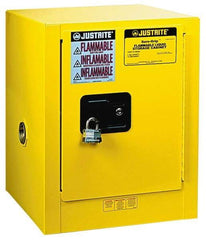 Justrite - 1 Door, 1 Shelf, Yellow Steel Bench Top Safety Cabinet for Flammable and Combustible Liquids - 22" High x 17" Wide x 17" Deep, Manual Closing Door, 4 Gal Capacity - Caliber Tooling