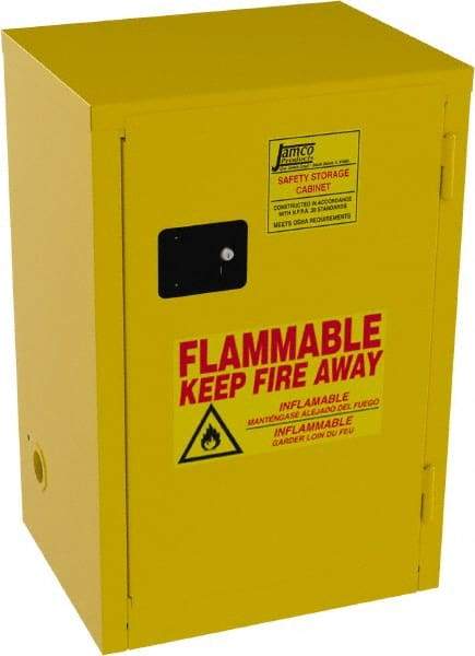 Jamco - 1 Door, 1 Shelf, Yellow Steel Space Saver Safety Cabinet for Flammable and Combustible Liquids - 35" High x 23" Wide x 18" Deep, Manual Closing Door, 3 Point Key Lock, 12 Gal Capacity - Caliber Tooling