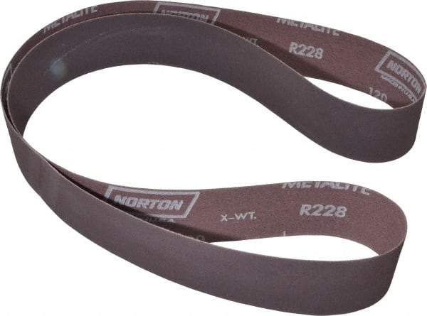 Norton - 2" Wide x 60" OAL, 120 Grit, Aluminum Oxide Abrasive Belt - Aluminum Oxide, Fine, Coated, X Weighted Cloth Backing, Series R228 - Caliber Tooling