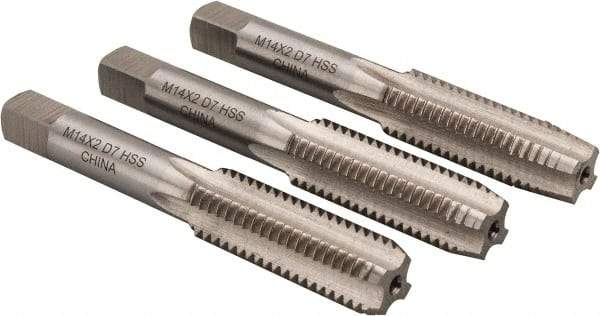 Interstate - M14x2.00 Metric Coarse, 4 Flute, Bottoming, Plug & Taper, Bright Finish, High Speed Steel Tap Set - Right Hand Cut, 3-19/32" OAL, 1-21/32" Thread Length - Caliber Tooling