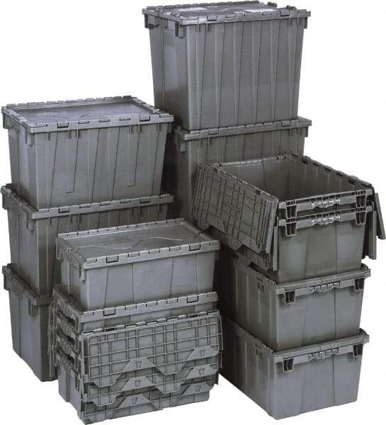 Quantum Storage - 1.42 Cu Ft, 75 Lb Load Capacity Gray Polyethylene Attached-Lid Container - Stacking, Nesting, 22.1" Long x 12.6" Wide x 11.9" High, Lid Included - Caliber Tooling