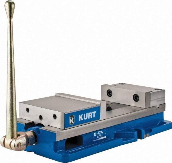 Kurt - 8" Jaw Width, 10" Jaw Opening Capacity, Horizontal Stationary Machine Vise - Manual Operation, 11,596 Lb Capacity, 1 Station, 24.185" Long x 5.51" High x 2-13/64" Deep, 2.2" Jaw Height, 80,000 psi Max Clamp Force, Ductile Iron - Caliber Tooling