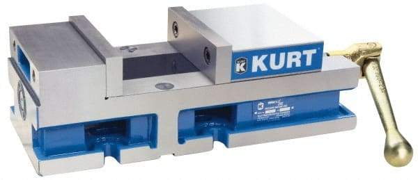 Kurt - 6" Jaw Width, 4" Jaw Opening Capacity, Horizontal Stationary Machine Vise - Reverse Manual Operation, 6,356 Lb Capacity, 1 Station, 14.88" Long x 4.6720" High x 1-31/64" Deep, 1.735" Jaw Height, 80 Lb Max Clamp Force - Caliber Tooling