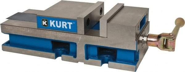 Kurt - 6" Jaw Width, 6" Jaw Opening Capacity, Horizontal Stationary Machine Vise - Reverse Manual Operation, 6,356 Lb Capacity, 1 Station, 17" Long x 4.6720" High x 1-31/64" Deep, 1.735" Jaw Height, 80 Lb Max Clamp Force - Caliber Tooling