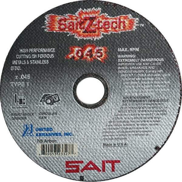 Sait - 7" Zirconia Alumina Cutoff Wheel - 0.045" Thick, 5/8" Arbor, 8,500 Max RPM, Use with Angle Grinders - Caliber Tooling