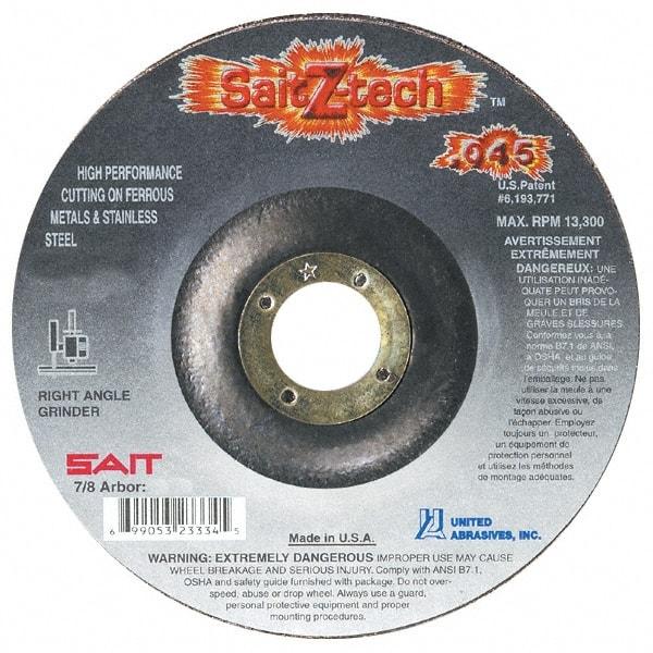 Sait - 4-1/2" Wheel Diam, 7/8" Arbor Hole, Type 27 Depressed Center Wheel - Zirconia Alumina, Resinoid Bond, 13,300 Max RPM, Compatible with Angle Grinder - Caliber Tooling