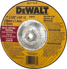 DeWALT - 24 Grit, 7" Wheel Diam, 3/32" Wheel Thickness, Type 27 Depressed Center Wheel - Aluminum Oxide, R Hardness, 8,700 Max RPM, Compatible with Angle Grinder - Caliber Tooling