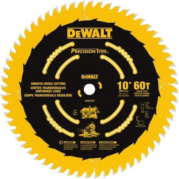 DeWALT - 10" Diam, 5/8" Arbor Hole Diam, 60 Tooth Wet & Dry Cut Saw Blade - Carbide-Tipped, Crosscut & Smooth Action, Standard Round Arbor - Caliber Tooling