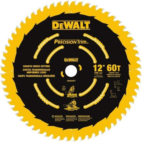 DeWALT - 12" Diam, 1" Arbor Hole Diam, 60 Tooth Wet & Dry Cut Saw Blade - Carbide-Tipped, Crosscut & Smooth Action, Standard Round Arbor - Caliber Tooling