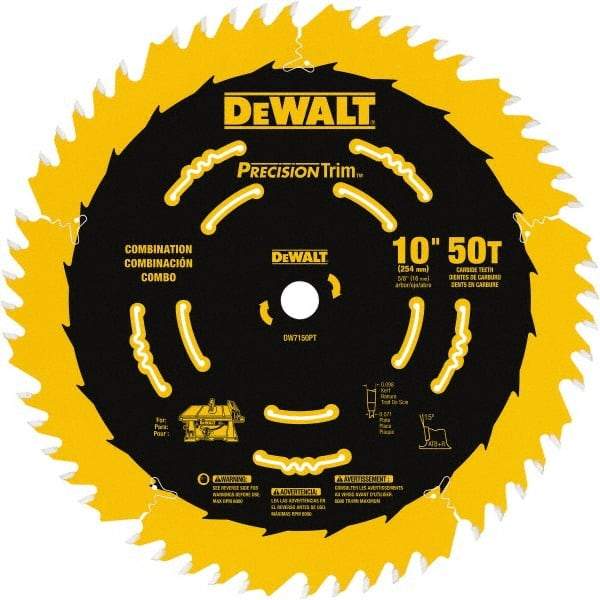 DeWALT - 10" Diam, 5/8" Arbor Hole Diam, 50 Tooth Wet & Dry Cut Saw Blade - Carbide-Tipped, Combination Action, Standard Round Arbor - Caliber Tooling