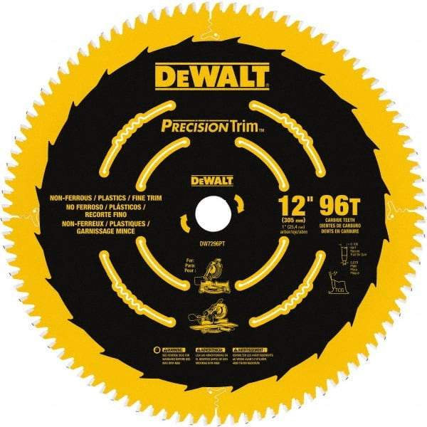 DeWALT - 12" Diam, 1" Arbor Hole Diam, 96 Tooth Wet & Dry Cut Saw Blade - Carbide-Tipped, Fine Trimming Action, Standard Round Arbor - Caliber Tooling