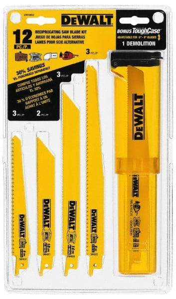 DeWALT - 12 Piece, 6" to 9" Long x 0.035" to 0.062" Thick, Bi-Metal Reciprocating Saw Blade Set - Straight and Tapered Profile, 6 to 24 Teeth per Inch, Angled Tip - Caliber Tooling