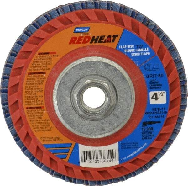 Norton - 80 Grit, 4-1/2" Disc Diam, 5/8-11 Center Hole, Type 27 Ceramic Flap Disc - 13,000 Max RPM, Plastic Backing, Arbor Attaching System, Coated - Caliber Tooling