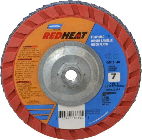 Norton - 40 Grit, 7" Disc Diam, 5/8-11 Center Hole, Type 27 Ceramic Flap Disc - 8,600 Max RPM, Plastic Backing, Arbor Attaching System, Coated - Caliber Tooling