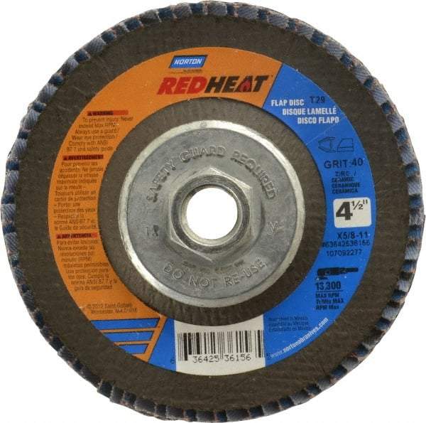 Norton - 40 Grit, 4-1/2" Disc Diam, 5/8-11 Center Hole, Type 29 Ceramic Flap Disc - 13,000 Max RPM, Fiberglass Backing, Arbor Attaching System, Coated - Caliber Tooling