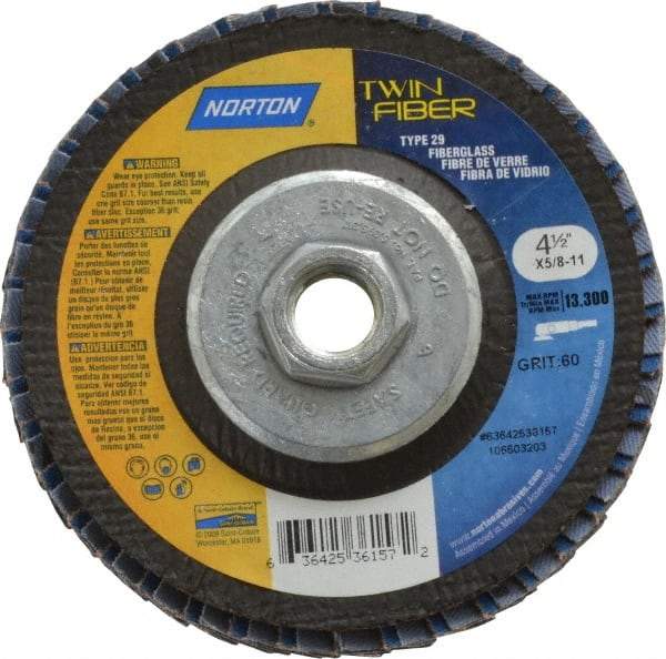 Norton - 60 Grit, 4-1/2" Disc Diam, 5/8-11 Center Hole, Type 29 Ceramic Flap Disc - 13,000 Max RPM, Fiberglass Backing, Arbor Attaching System, Coated - Caliber Tooling