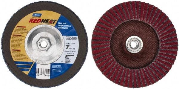 Norton - 40 Grit, 7" Disc Diam, 5/8-11 Center Hole, Type 29 Ceramic Flap Disc - 8,600 Max RPM, Fiberglass Backing, Arbor Attaching System, Coated - Caliber Tooling