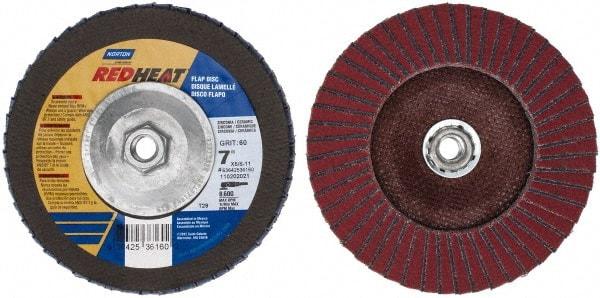 Norton - 60 Grit, 7" Disc Diam, 5/8-11 Center Hole, Type 29 Ceramic Flap Disc - 8,600 Max RPM, Fiberglass Backing, Arbor Attaching System, Coated - Caliber Tooling