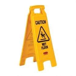 Rubbermaid - Caution - Wet Floor, 11" Wide x 25" High, Plastic Floor Sign - A-Frame, Black on Yellow, For Accident Prevention - Caliber Tooling