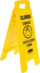 Rubbermaid - Closed, 11" Wide x 25" High, Plastic Floor Sign - English/French/German/Spanish, A-Frame, Black on Yellow, For Restroom, Janitorial & Housekeeping - Caliber Tooling