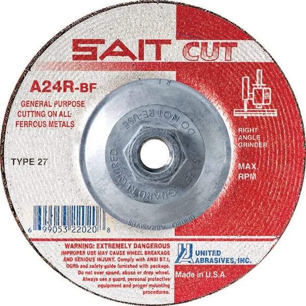 Sait - 24 Grit, 4-1/2" Wheel Diam, 3/32" Wheel Thickness, Type 27 Depressed Center Wheel - Aluminum Oxide, Resinoid Bond, R Hardness, 13,300 Max RPM, Compatible with Angle Grinder - Caliber Tooling