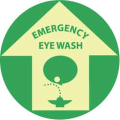 NMC - Emergency Eye Wash, Anti-Skid Polyester Floor Sign - Round, Green on Yellow (Glow), Adhesive Backed, For First Aid - Caliber Tooling