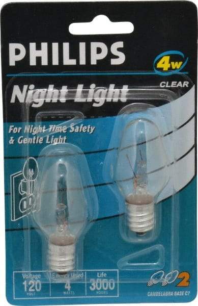 Philips - 4 Watt Incandescent Residential/Office Candelabra Screw Lamp - 2,700°K Color Temp, 16 Lumens, 120 Volts, Dimmable, C7, 3,000 hr Avg Life - Caliber Tooling