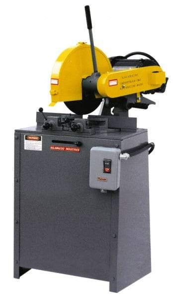 Kalamazoo - 14" Blade Diam, 1" Arbor Hole, Miter Chop & Cutoff Saw - 3 Phase, 4,400 RPM, 5 hp, 220/440 Volts, 2-1/2" in Solids at 90°, 2-1/2" in Solids at 45°, 3" in Pipe at 45° - Caliber Tooling