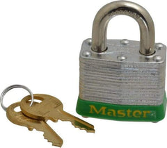 Master Lock - Keyed Alike Retaining Key Conductive Lockout Padlock - 3/4" Shackle Clearance, 9/32" Shackle Diam, 1-1/4" Body Height x 1-9/16" Body Width, Green, 4 Pins - Caliber Tooling