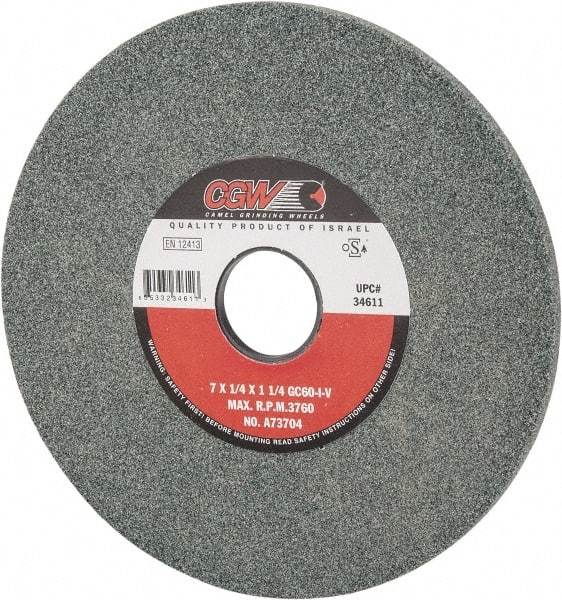 Camel Grinding Wheels - 7" Diam x 1-1/4" Hole x 1/4" Thick, I Hardness, 60 Grit Surface Grinding Wheel - Silicon Carbide, Type 1, Medium Grade, 3,760 Max RPM, Vitrified Bond, No Recess - Caliber Tooling