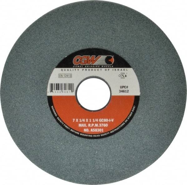 Camel Grinding Wheels - 7" Diam x 1-1/4" Hole x 1/4" Thick, I Hardness, 80 Grit Surface Grinding Wheel - Silicon Carbide, Type 1, Medium Grade, 3,760 Max RPM, Vitrified Bond, No Recess - Caliber Tooling